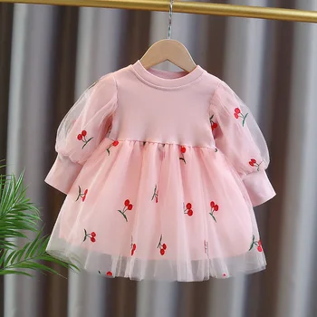 2022 Jeseň Deti Zdobiť Dievčatá Oblečenie Cherry Dizajn Roztomilý Kreslený Kostým Dlhý Rukáv Čipky Princezná Šaty Detí, Narodeniny A464