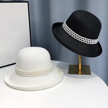 2022 Nové Elegantné Pearl Roll Vedierko Hat Pre Ženy Temperament Retro Slnečné Klobúk Lete Široký Okraj Pláže Spp Cestovné Anti-UV Slamený Klobúk