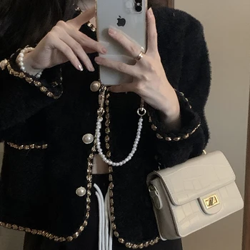 Black Mohair Jesenné Bundy Kabáty Ženy Diamond Perly Tlačidlá Elegantné Luxusné Outwear Office Kórejský Vrecká Chlpaté Vesty D224