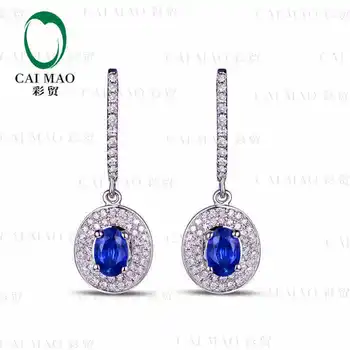 CaiMao 18KT/750 Biele Zlato 1.36 ct Prírodné Blue Sapphire & 0.42 ct Full Cut-Diamond Zapojenie Drahokam Náušnice Šperky