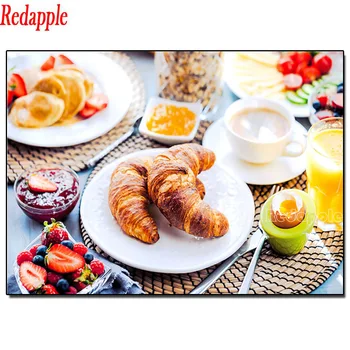 Chutné Raňajky Popoludňajší Čaj vzor, diamond výšivky Káva, Chlieb, Ovocie Potraviny diamond maľovanie plný vrták Jedáleň umenie