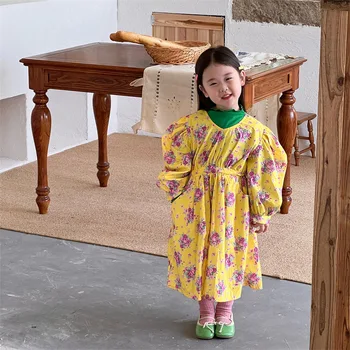 Detské Oblečenie 2022 Jeseň Nové Dievčenské Šaty Žltý Kvet tvaru Pás Ovládané predné Krajky-up Sukne