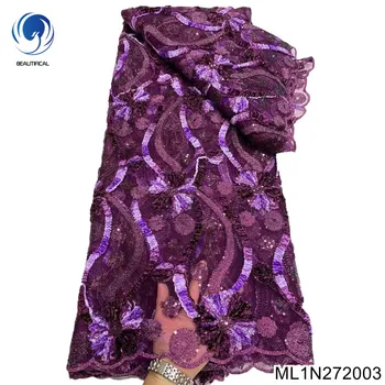 Francúzsky Tylu Čipky Textílie 5 Metrov Vysokej Kvality Nigérijský Ženy, Svadobné Party Šaty Sequin Výšivky Afriky Čipky Textílie ML1N2720