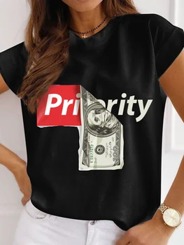 Gotický T-shirt Pre Ženy Streetwear Zábavné Vytlačiť Hip Hop Krátky Rukáv Harajuku Priority Peniaze Vytlačené Čierne tričká Y2k Tričko