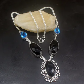 Hermosa Šperky Elegantný Nový Príchod Black Onyx BlueTopaz Strieborná Farba Reťazca Náhrdelník pre Ženy, Dámy Dar 20-Palcový FQ64