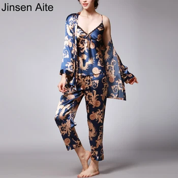 Jinsen Aite 3 Kusy prírodného Hodvábu Pyžamá Pre Ženy, Jar, Jeseň Sleepwear Nastaví Tlač Sexy Voľné Domáce Oblečenie Odev JS739
