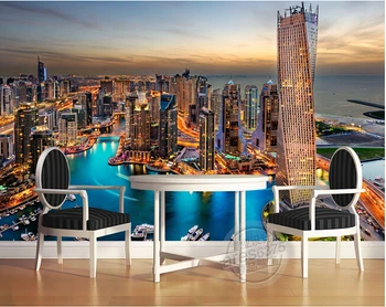 Najnovšie 3D maľby,3D Dubaj mesto, nočná scéna z západe slnka HD nástenné maľby, obývacia izba gauč TV spálňa papier pozadí steny
