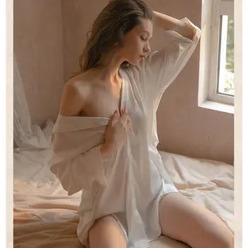 Sexy Oblečenie Pre Voľný Čas Ženy Sleepshirt Bežné Nightgown Intímne Bielizeň Satén Letné Nový Domov Oblečenie Biele Nightdress Sleepwear