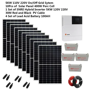 Solárny Panel Auta Kompletné 5000W 220V 110V 50/60HZ Lifepo4 Batérie Hybrid Invertor MPPT Off Grid Systém Ohrievač 4HP klimatizácia