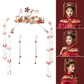 Staroveké čínske Svadobné Šperky Nastaviť Tradičné Klasické Svadobné pokrývku hlavy Tiara Golden Phoenix Koruny sponky do vlasov Náušnice NYZ Shop