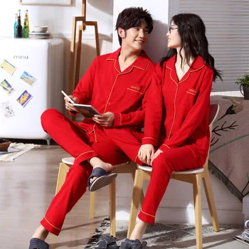 Ženy a muži jeseň a v zime bavlna pár pyžamo dlhý rukáv, nohavice, sveter kórejský červené svadobné žien a mužov pajama sady