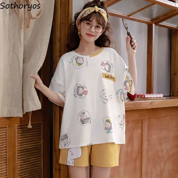 Ženy Pajama Sady Sleepwear Lete Bavlna Útulný Tenké O-Krku Kawaii Kórejský Štýl Cartoon Salónik Nosiť Krátke Pyžamo Voľný Čas