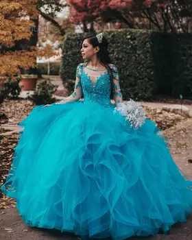 2021 Modrá Quinceanera Šaty Plesové Šaty Princezná Prom Šaty S Korálkami Dlhý Rukáv Otvorenie Späť Fomral Party Šaty Tylu Narodeniny
