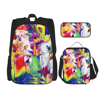 3 Ks Set detské Batohy Školské tašky pre Dievčatá Schoolbags Lunchbox Školy, Dieťa S peračník Papagáje Tropické Kvety