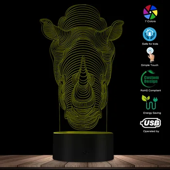 3D Optické Ilúzie Lampa Zvierat Rhino 3D Efekt 16 Farieb Zmena Pre Domáce Dekorácie Interiérové LED Nočné Svetlo Novinka Svetlá