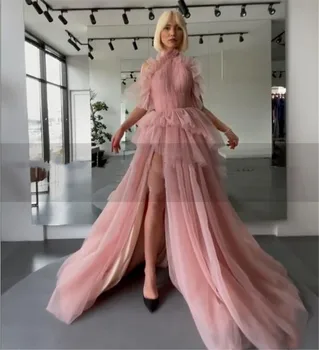Blush Pink Skladaný Telo Tylu Večerné Šaty Štrbinou Viazané Sukne Fomal Ženy Party Šaty Otvorte Zadný Plus Veľkosť Prom Šaty