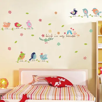Cartoon vtákov dom, strom, pobočka stenu obývacia izba, spálňa domova pvc samolepky na stenu diy nástenná maľba umelecké dekoratívne plagáty