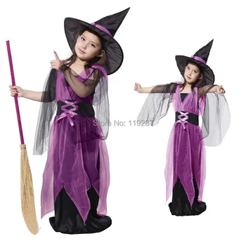 Doprava zadarmo, Deti Halloween deti kostýmy + čiapka pre dievčatá pevná väzba deti vyhovovali gázy karneval spp čarodejnice oblečenie
