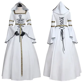 Dámske Biele Stredoveké Renesančné Plesové Šaty, Šaty S Kapucňou Dospelých Fantasy Maškarný Kostým Súťaž: Cosplay