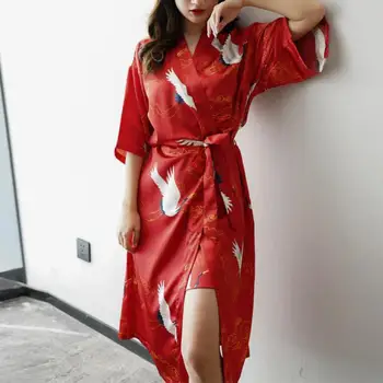 Faux Hodváb Tlač Žeriav Sleepwear Ženy Sexy Šaty, Kimono Šaty Voľné Intímne Bielizeň 2021 Nové Nevesta Bridesmaid, Svadobné Šaty