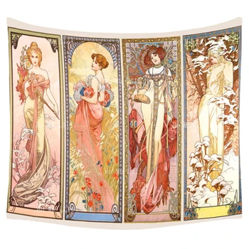 Four Seasons Of Art Nouveau Retro Kvety Kvetinové Dievčenskú Jas Deň Gobelín Tým, Že Ho Ma Lili Stene Visia Pre Izba Dekor