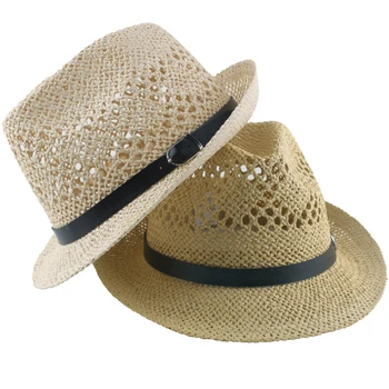 HT2344 Mužov Letné Klobúky Háčkovanie Slamené Klobúky pre Mužov Pás Lete Fedoras Muž Panamský Klobúk Klasické plstený klobúk Široký Okraj Beach Sun Hat