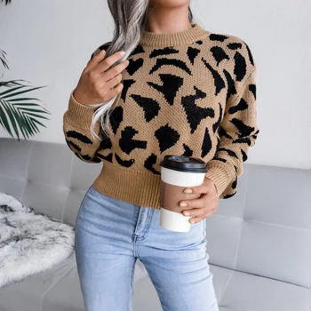 Leopard Tlač Ženy pletený sveter bežné Dámy pulóver sveter žena Jeseň zima retro jumper