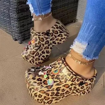 Letné Žena Leopard Topánky Otvor Papuče Sklzu na Dievča Vysokým Podpätkom Módne Sandále na Platforme Záhrada Topánky Ženy Zuecos Mujer