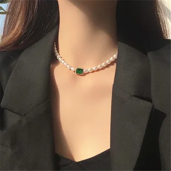 Módne Retro Geometria Štvorec Zelenej Sklenenej Barokový Imitácia Perly Krátke Clavicle Náhrdelník Pre Ženy Nevestu Šperky