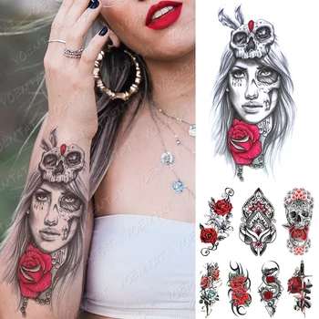 Nepremokavé Dočasné Tetovanie Nálepky Lebky Rose Dievča Zombie Tetovanie Ruža Srdce Šípku Body Art Rameno Falošné Rukáv Tetovanie Ženy Muži