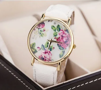 New HORÚCE Predávajúci Ženeve Kvety Sledovať Ženy PU Kožené hodinky oblečenie pre voľný čas pozerať Darček reloj