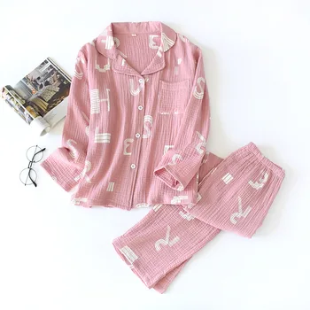 Nové 100% Bavlna Dlhým rukávom Nohavice Domov Pyžamá Krepové Textílie Geometrické Tlač Pyžamo Jeseň Dámske dvojdielne plavky Sleepwear