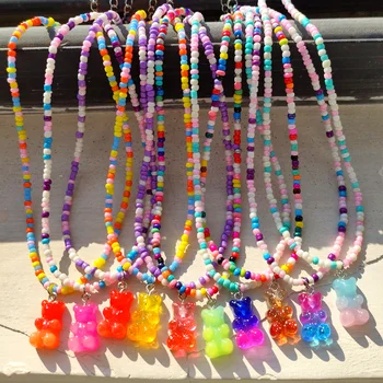 Nové Boho Letná Dúha Farieb Gummy Bear Náhrdelník Prívesok pre Ženy Farebné Akrylové Ryža Korálky Korálkový Náhrdelník Ručne vyrábané Šperky