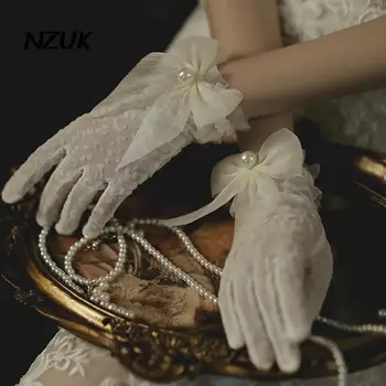 NZUK Svadobné čipky svadobné rukavice biele krátky luk pearl guantes sexy luvas de renda gants pour femme ceremonie mariage