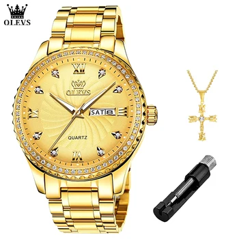 OLEVS Diamond Quartz Hodinky pre Mužov Luxusné Zlaté Veľké Dial Nepremokavé Business Šaty, Hodinky S denným Dátumom, Kalendár náramkové hodinky