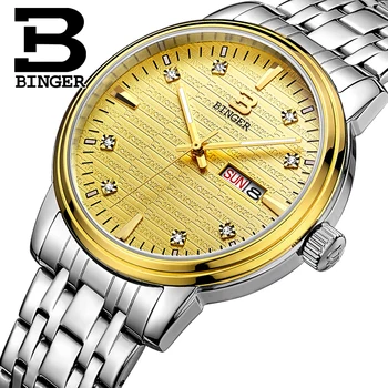 Originálne Luxusné BINGER Mužov Značky quartz Zlato Kožený remienok Plné oceľové hodinky Vodotesné Križovatke doprava zadarmo