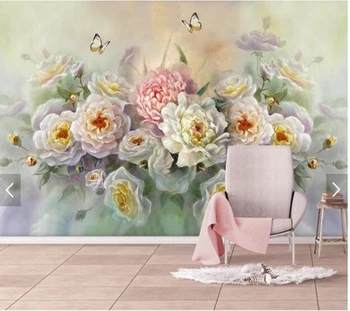 Prispôsobený retro tapety, olejomaľba ruže kvet, motýľ nástenná maľba používa pre obývacej izby, spálne, gauč papier pozadí steny