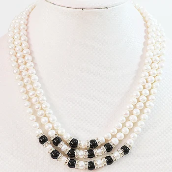 Prírodná biela usadenina umelo pestované perly 7-8 mm okrúhle korálky 3 riadok vysoký stupeň módne ženy dlho chian náhrdelník šperky 17