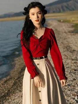 Retro Móda A Dve Kus Ženy Patria Bowknot Skladaný Dizajn Elegantný Červený Pletený Sveter Topy+Jelenice Velvet Sukne Ženy Jeseň Oblek