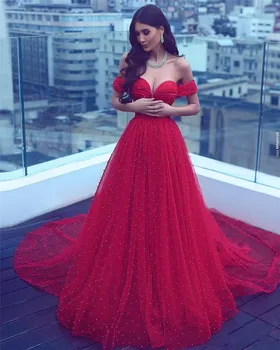 Saudská Arábia Ramena Červené Kryštály Pearl Lištovanie Prom Šaty, Sexy Milú Večerné Šaty 2020 prom Šaty