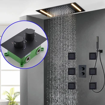 Termostatické Daždi Systém Stropné LED ShowerHeads Kúpeľňa Kohútikov z Nehrdzavejúcej Ocele Sprchovací Panel Matte Black 500*360 mm