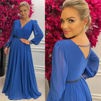 YUNUO tvaru Modrá Šifón Prom Formálne Šaty s Lištovanie A-line vestido de fiesta Večer Party Šaty Plnej Dĺžke na Zákazku