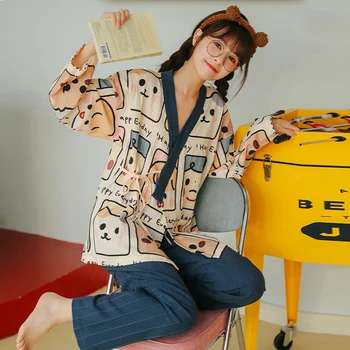 Ženy Kimono Pyžamo Nové Jeseň Pletené Bavlny Sleepwear Nastaviť Cartoon Dlhý Rukáv V krku Bežné Mäkké XXL Ženské oblečenie pre voľný čas