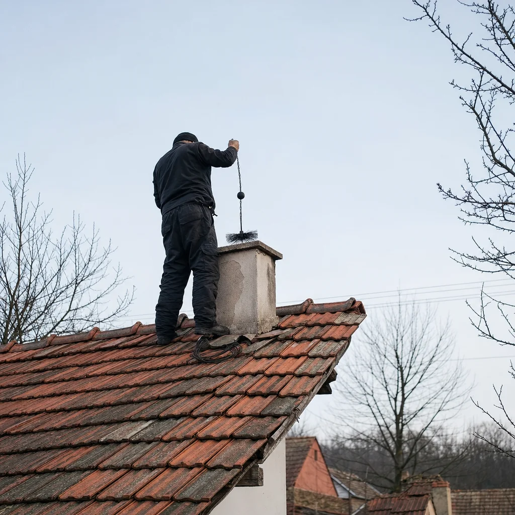 Kominár pri čistení komína na streche